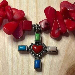 Red Coral Necklace with Sterling Cross Pendant & clasp